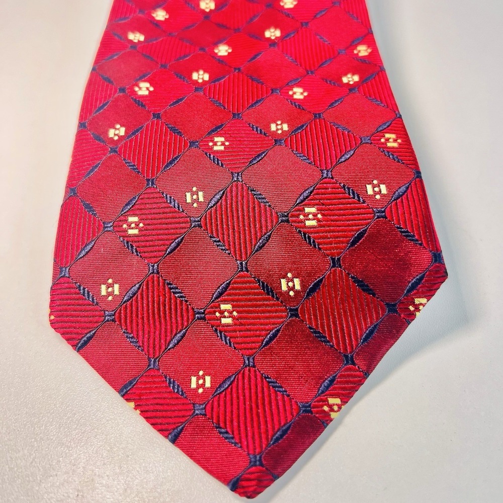 Geoffrey Beene Silk Neck Tie - Red & Blue & White Geometric Print